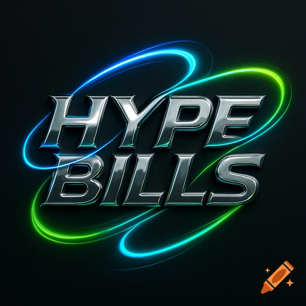Shiny 3D 'HYPE BILLS' text with blue and green neon light trails on a dark background.