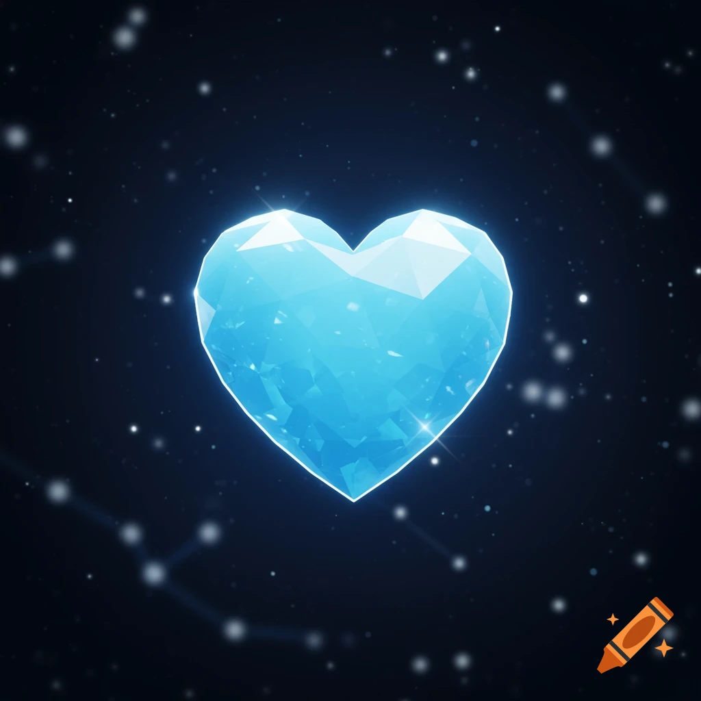 A faceted sky blue crystal heart glows and floats in dark space with small, sparkling stars.