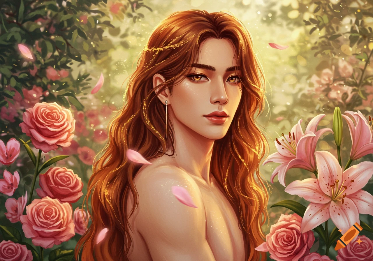 Digital art portrait of a person with long wavy hair and golden strands, bare-chested in a sunlit garden with pink roses and lilies.