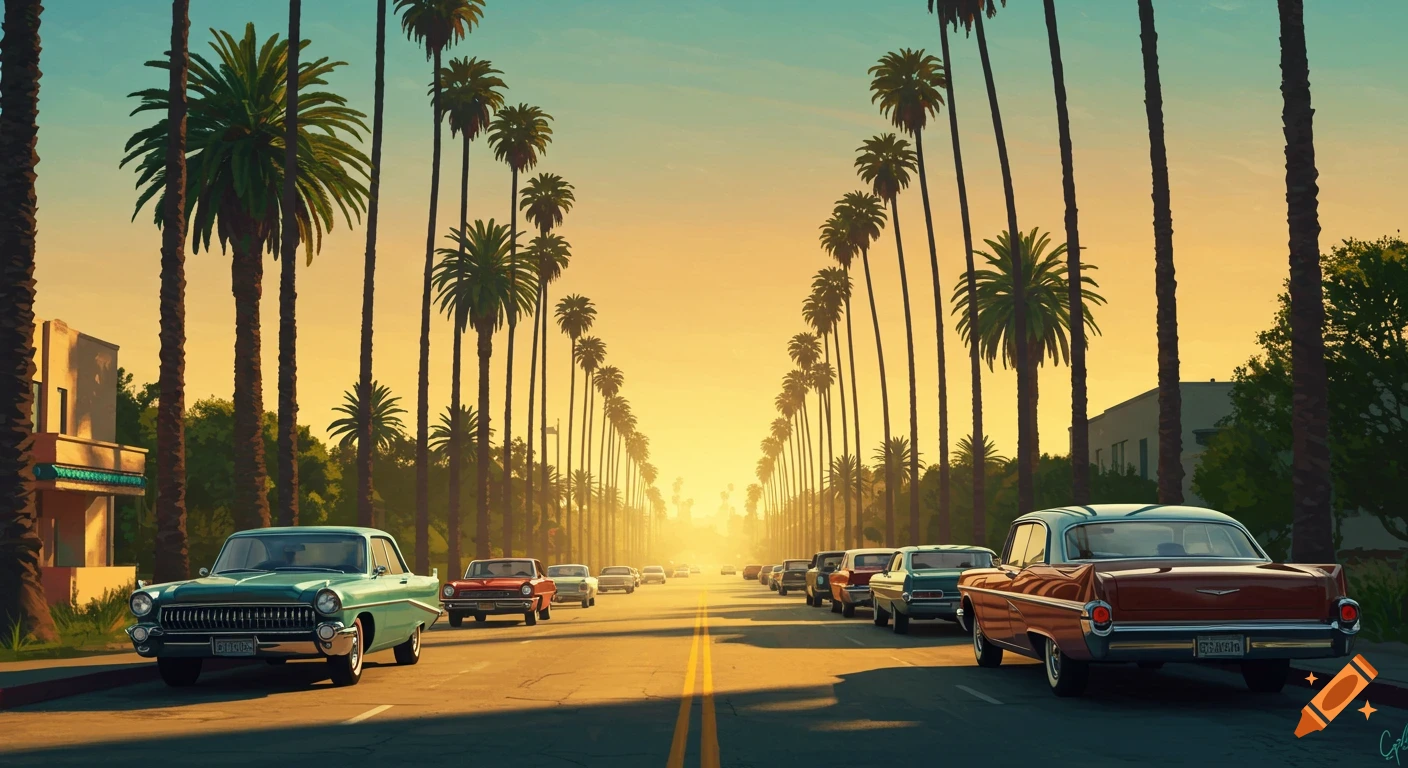 A long road lined with tall palm trees and vintage cars at sunset.