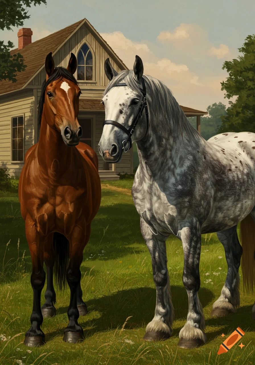 Two horses, one brown and one dapple gray, stand in a grassy field in front of a white farmhouse under a blue sky, in a painting style.