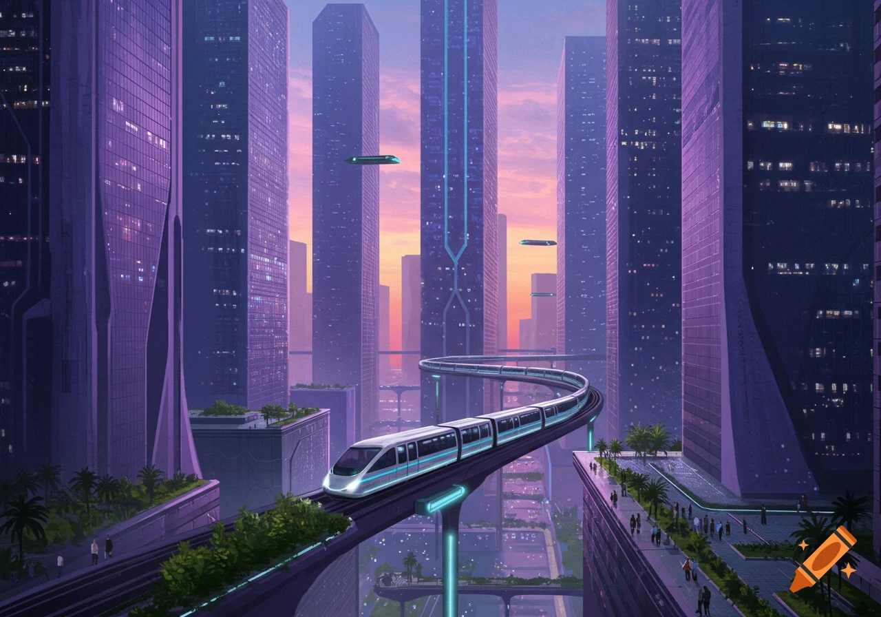 A futuristic cityscape with tall purple buildings, a winding elevated train track, and a sleek white train, under a vibrant sunset.