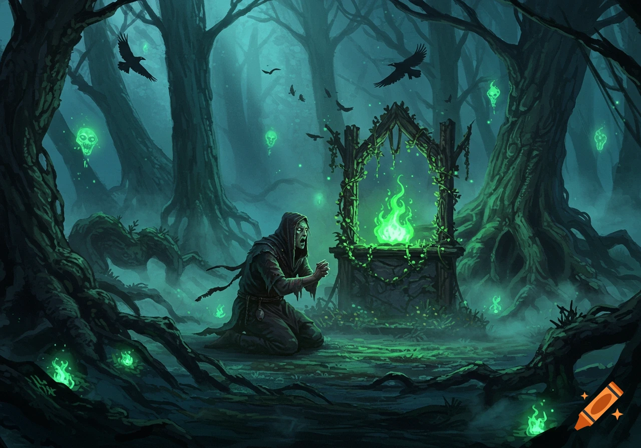 A robed figure kneels before a glowing green well in a dark, mystical forest, with eerie green skulls floating and crows in the background.