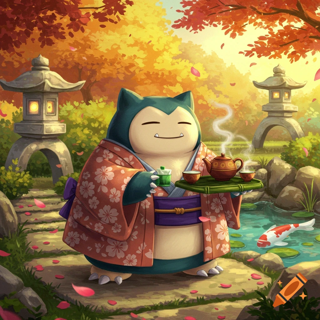 Snorlax in a kimono holding a tea set, standing in a serene Japanese garden with autumn trees and a pond.