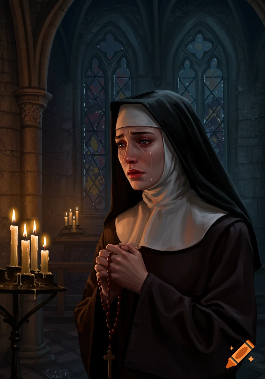 A nun cries with hands clasped around a rosary in a dimly lit gothic church, with candles glowing.