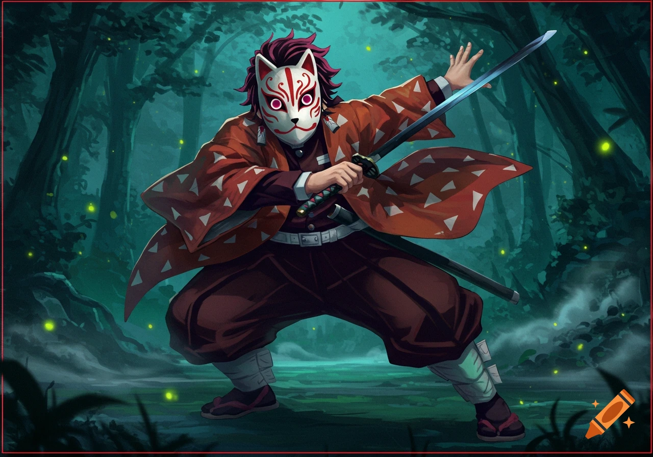 A character in an orange haori and fox mask holding a sword in a dark, firefly-lit forest.