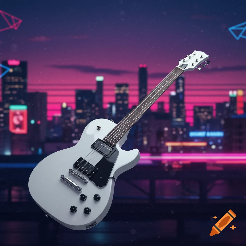 A white electric guitar with a black pickguard floats against a neon-lit city skyline, in a retro, synthwave style.