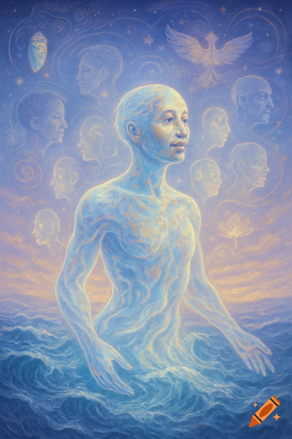 A ethereal, translucent figure made of water and light emerges from the sea under a starry sky with floating faces.