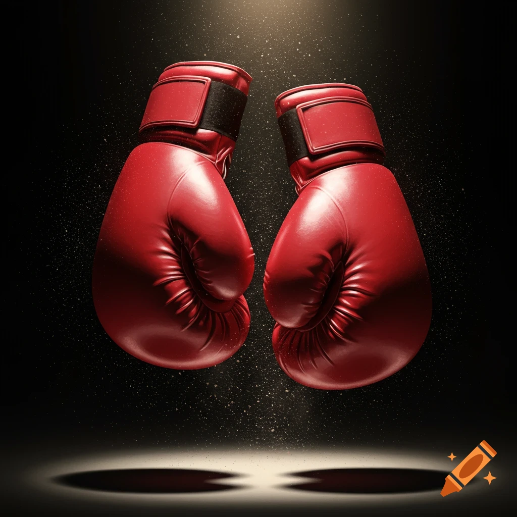 Two red boxing gloves hang suspended, facing each other in a dramatic spotlight against a dark background.