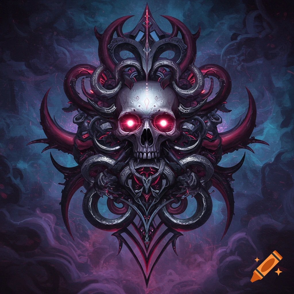 Ornate skull symbol with glowing red eyes, surrounded by dark thorny tendrils, against a purple and blue cloudy background. Digital art.