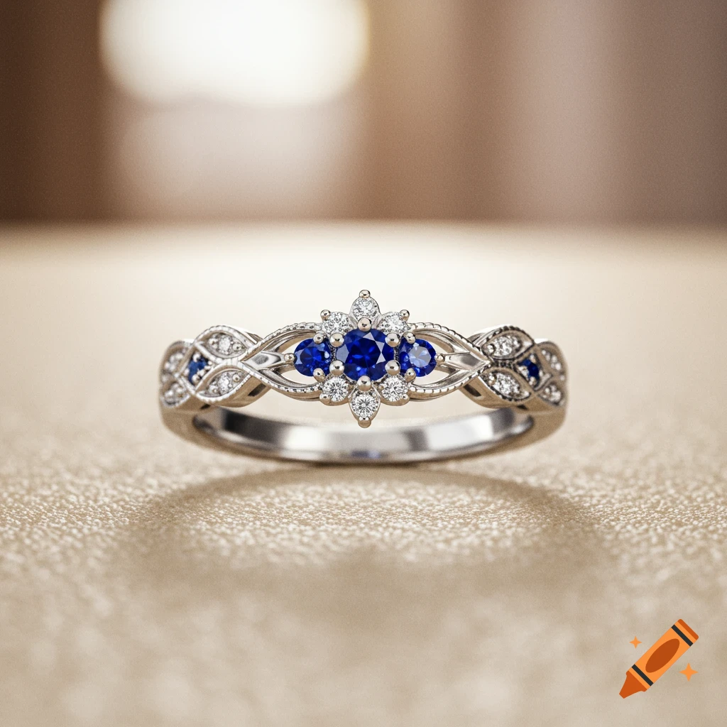 A close-up of a white gold floral ring adorned with three blue sapphire stones and small diamonds, against a soft, blurred background.