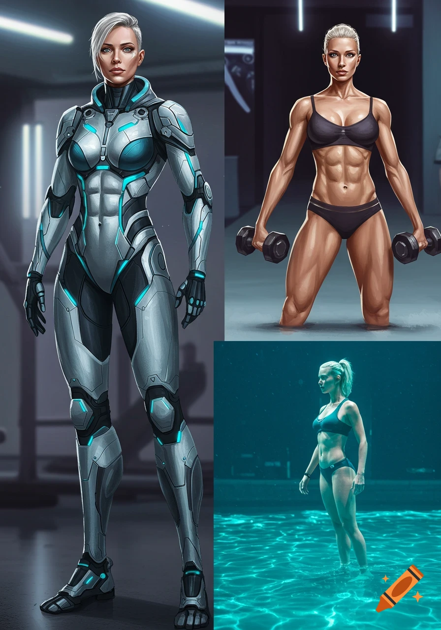 A collage showing a muscular woman with short blonde hair in three scenes: wearing sci-fi armor, working out with dumbbells in a gym, and standing in a pool.