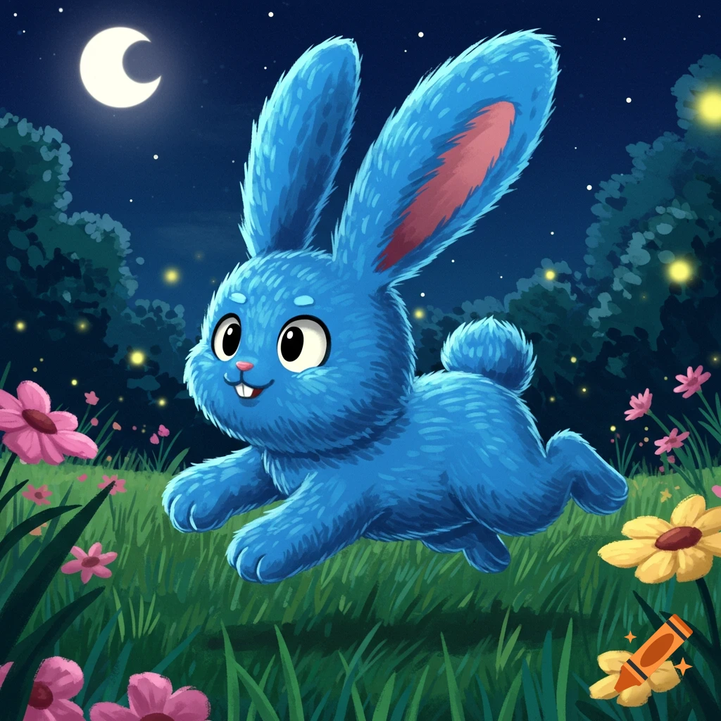 A cartoon blue bunny hopping through a moonlit grassy field with pink and yellow flowers and fireflies.