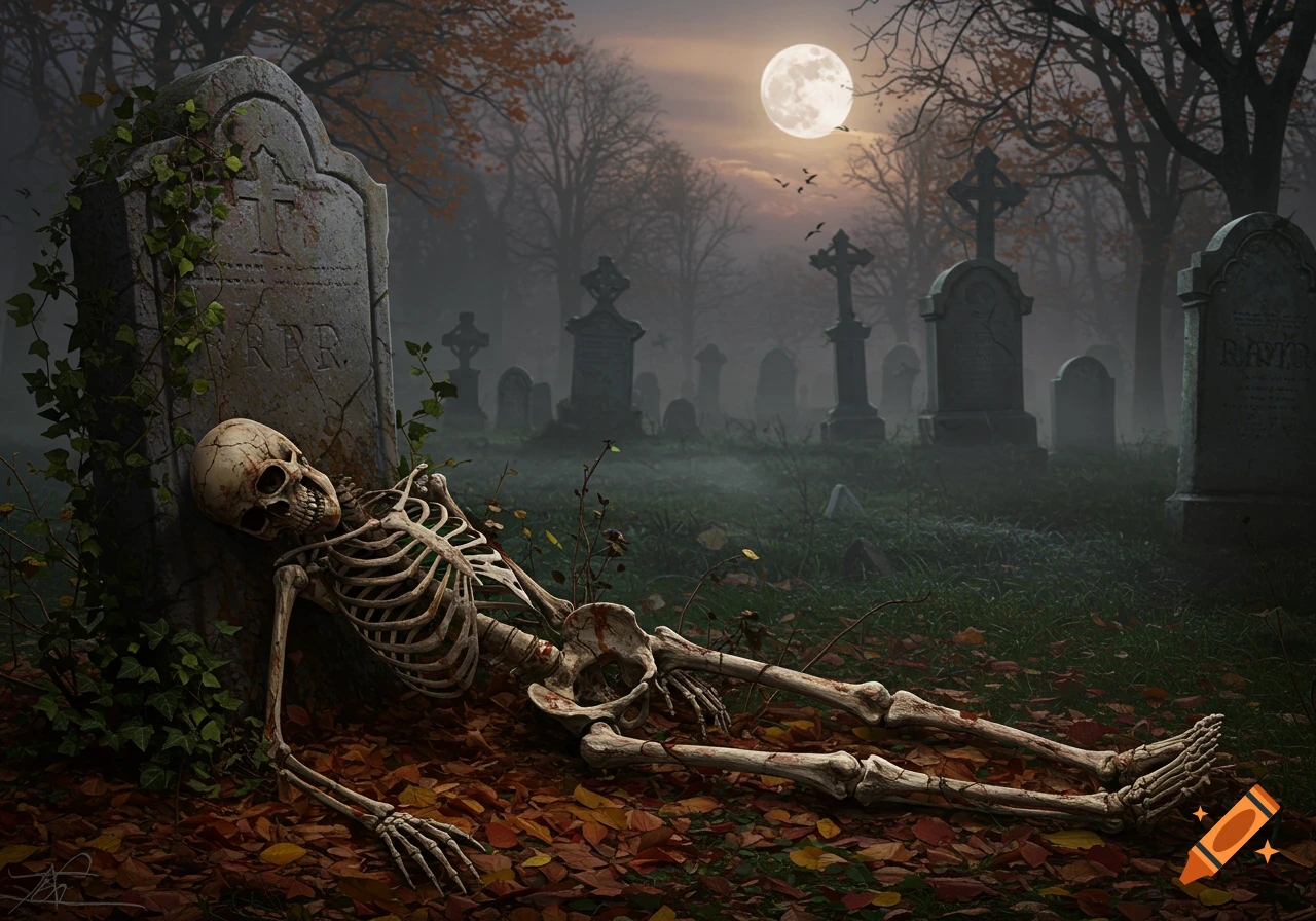 A photorealistic image of a skeleton resting against a moss-covered tombstone in a misty graveyard under a full moon.