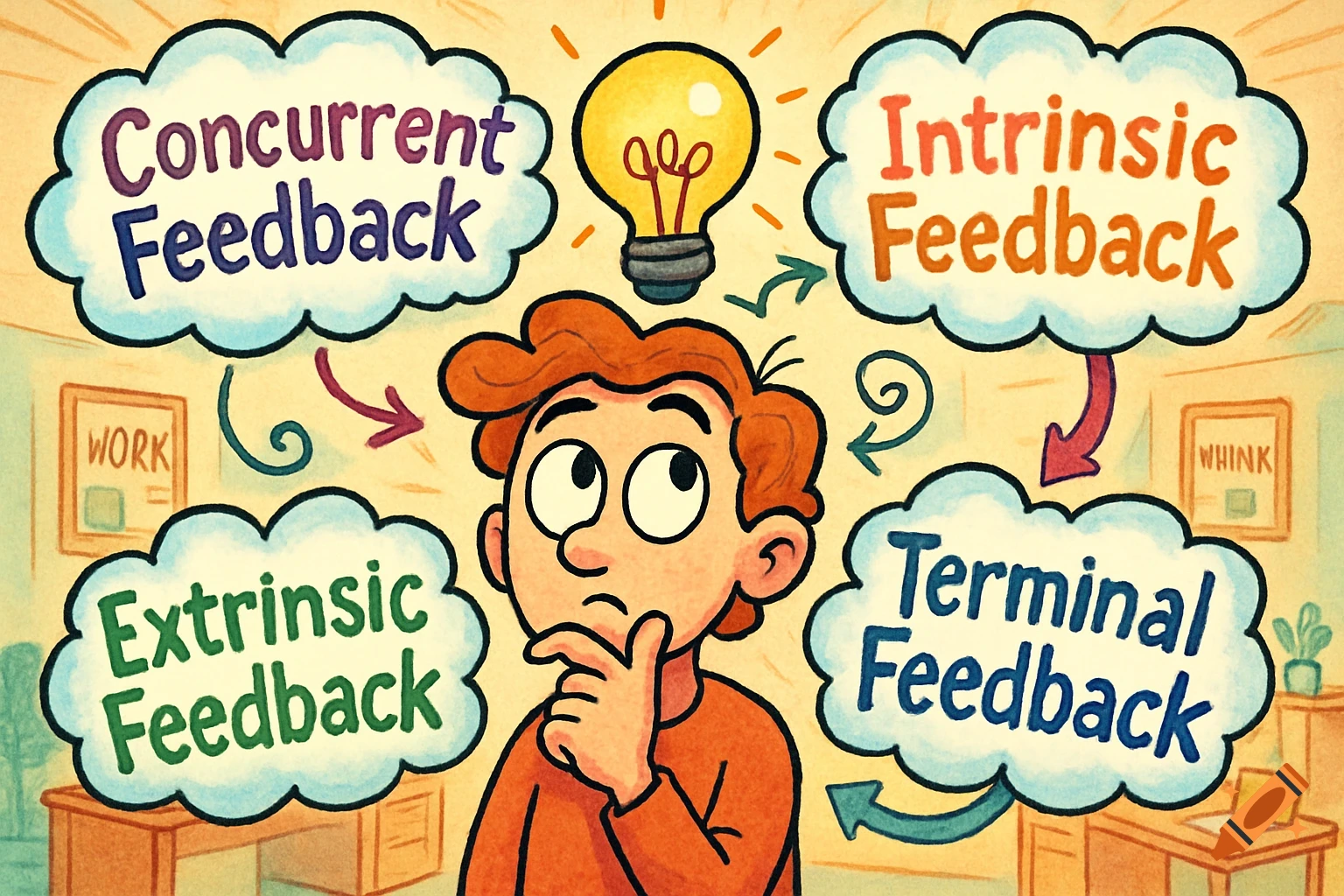 A cartoon person pondering four thought bubbles labeled 'Concurrent Feedback', 'Intrinsic Feedback', 'Extrinsic Feedback', and 'Terminal Feedback', with a lightbulb above their head.