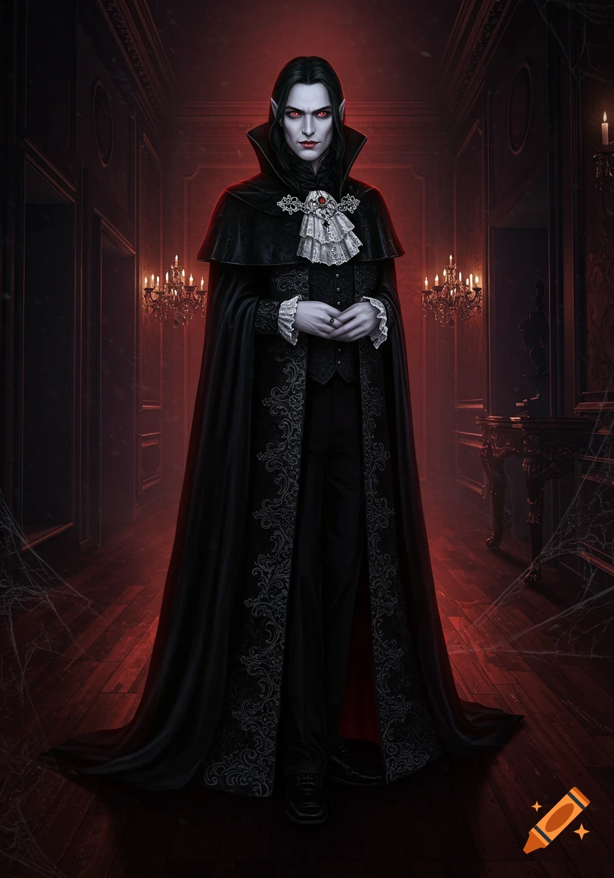 A male vampire in a long black coat with filigree details and a ruffled white shirt stands in a dark, red-lit gothic hallway.