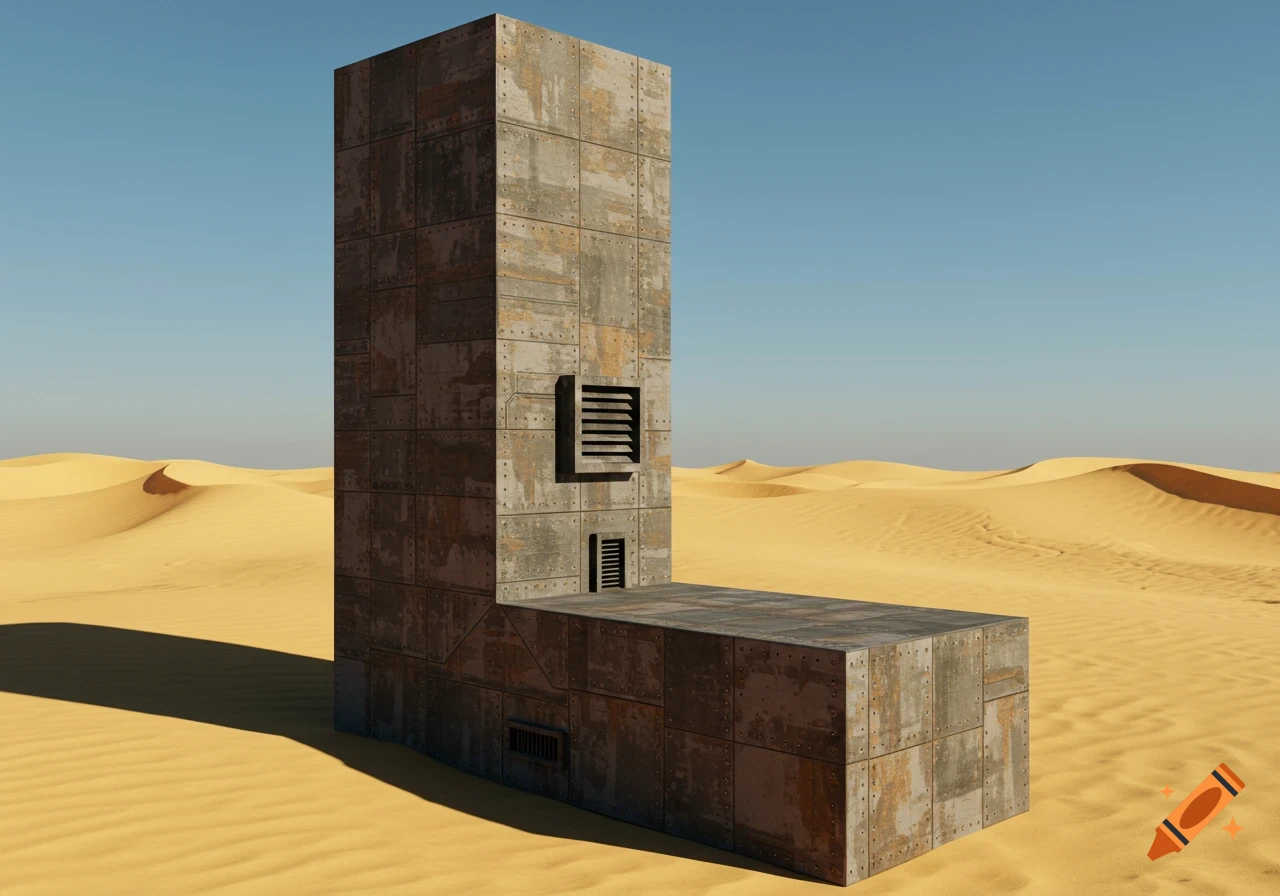 A large, L-shaped bunker made of rusted metal plates stands in a vast desert under a clear blue sky, depicted in a photorealistic style.
