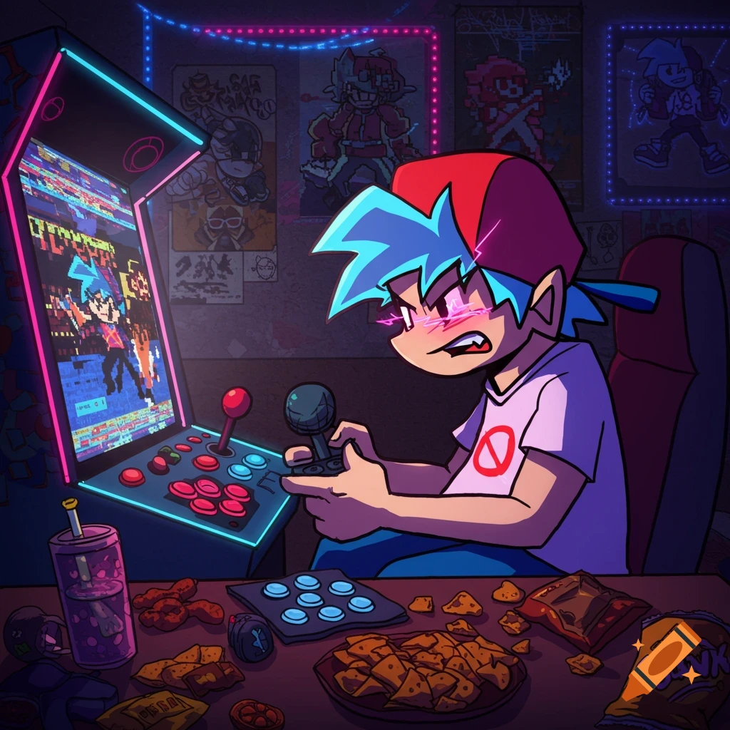 A stylized cartoon character with blue hair and a red cap intensely plays an arcade game in a dark, neon-lit room filled with snack bags and chips.