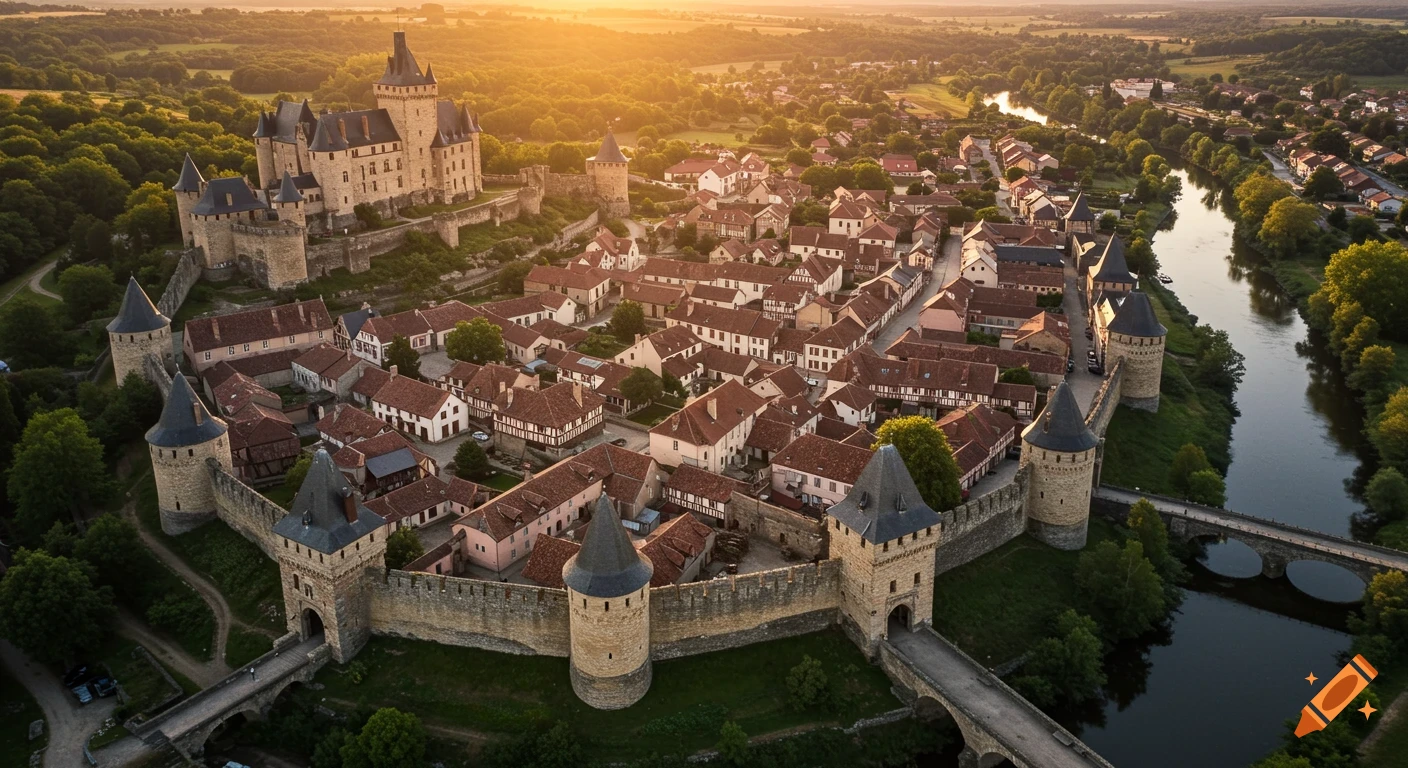 Aerial view of a walled medieval town and large castle at sunset, with a river flowing alongside.