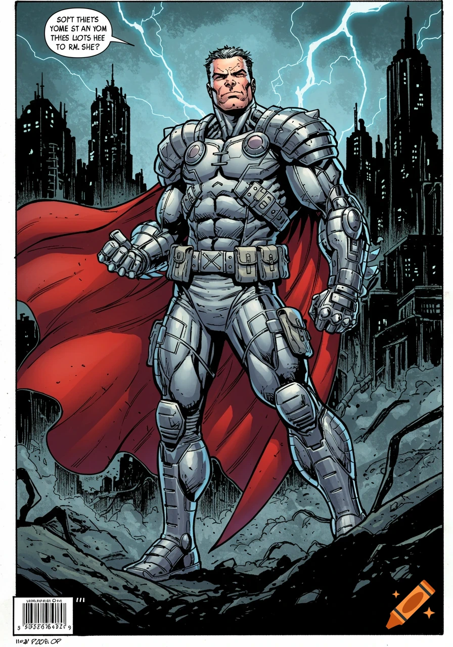 A muscular male superhero in a grey armored suit with a red cape stands in a ruined city under a stormy, lightning-filled sky, in a comic book art style.