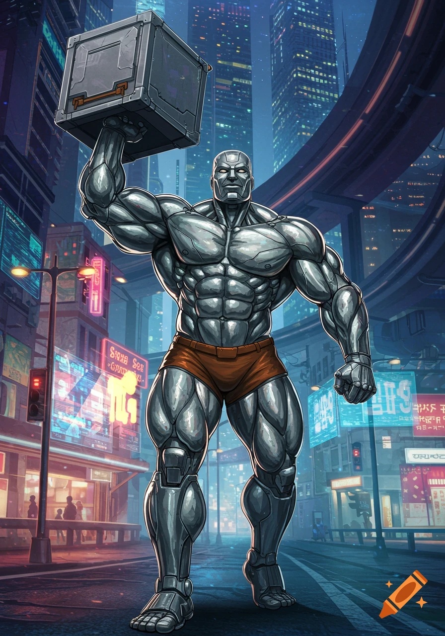 A muscular, metallic-skinned man with red shorts holds a large metal box over his head in a cyberpunk city street.