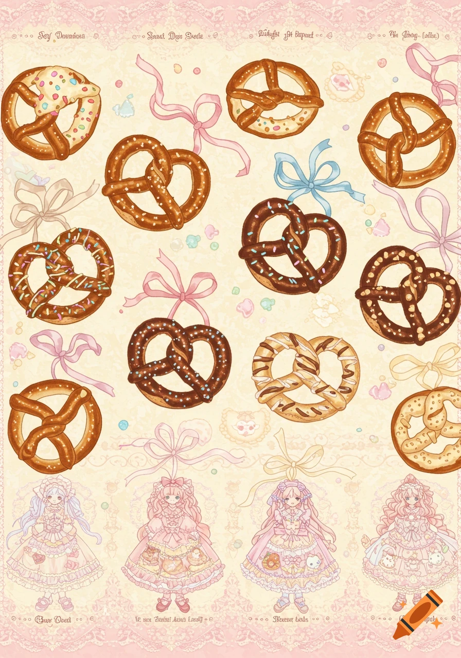 A patterned background featuring rows of stylized pretzels with various toppings and colorful ribbons, with four cute girls in elaborate lolita dresses at the bottom.