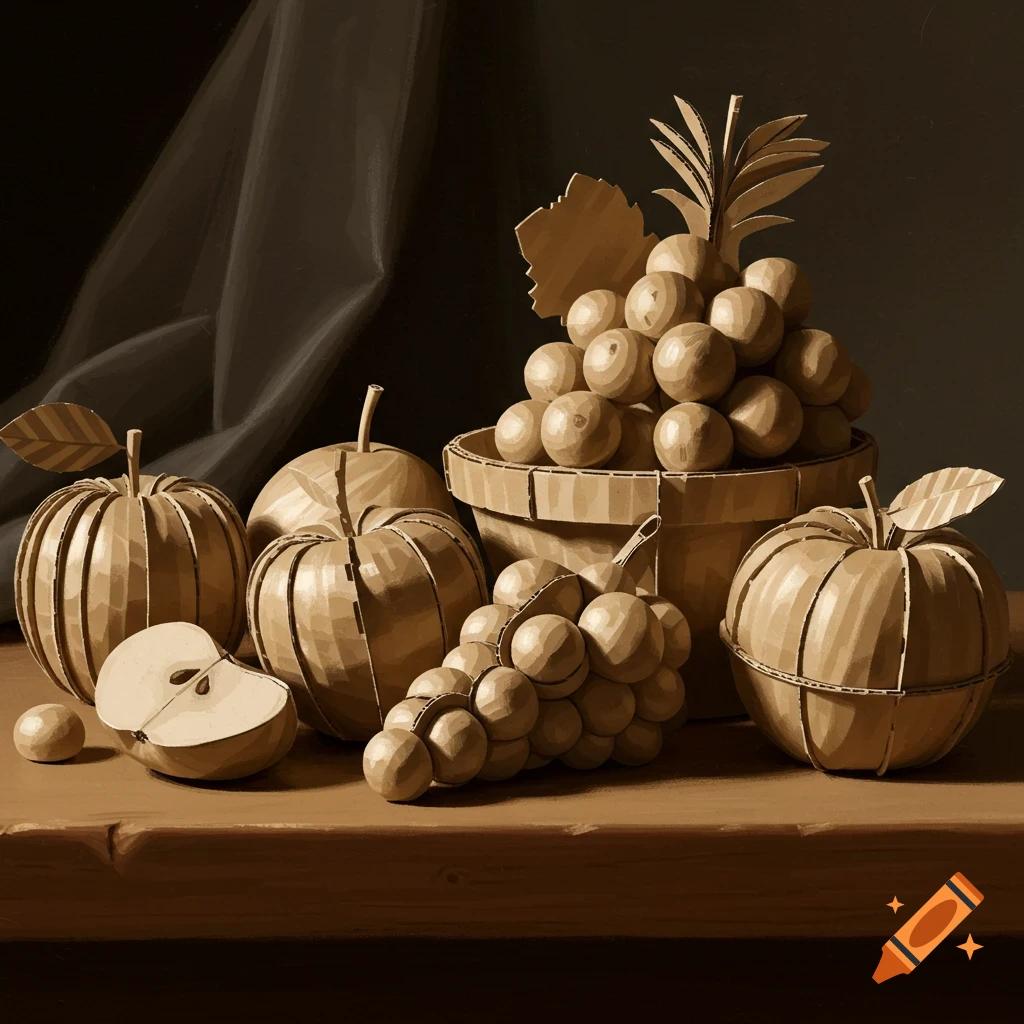 A still life arrangement of fruits, including apples and grapes, crafted from cardboard, on a wooden table.