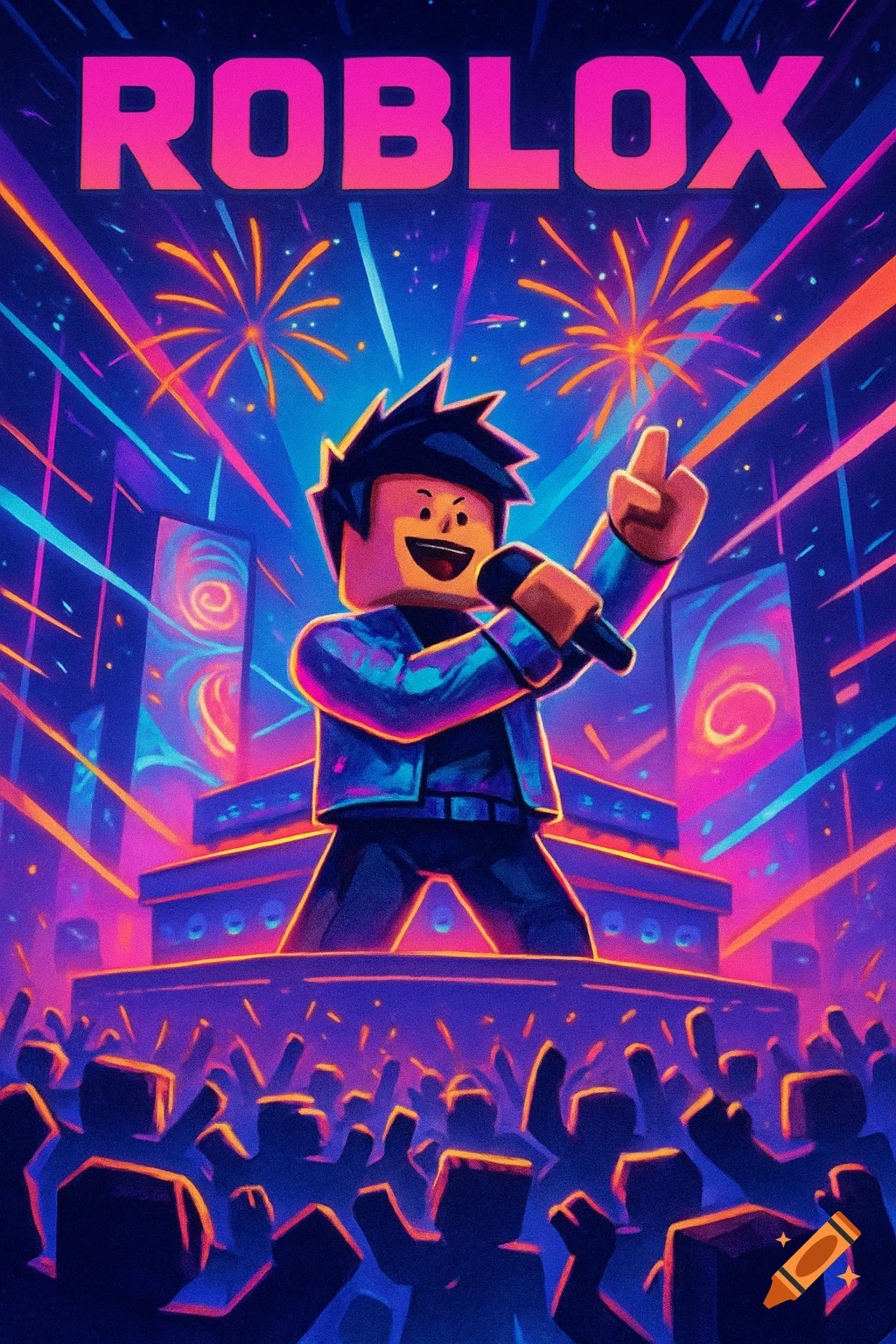 A vibrant Roblox concert poster featuring a character singing on stage with a crowd and fireworks.