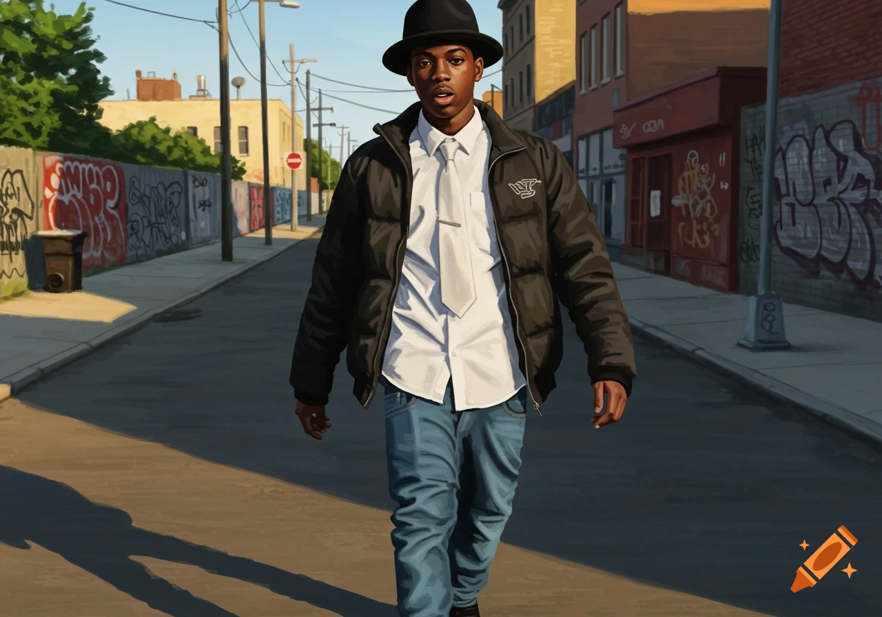 A young Black man in a black hat, white shirt, and black puffer jacket walks down an urban street with graffiti-covered walls.