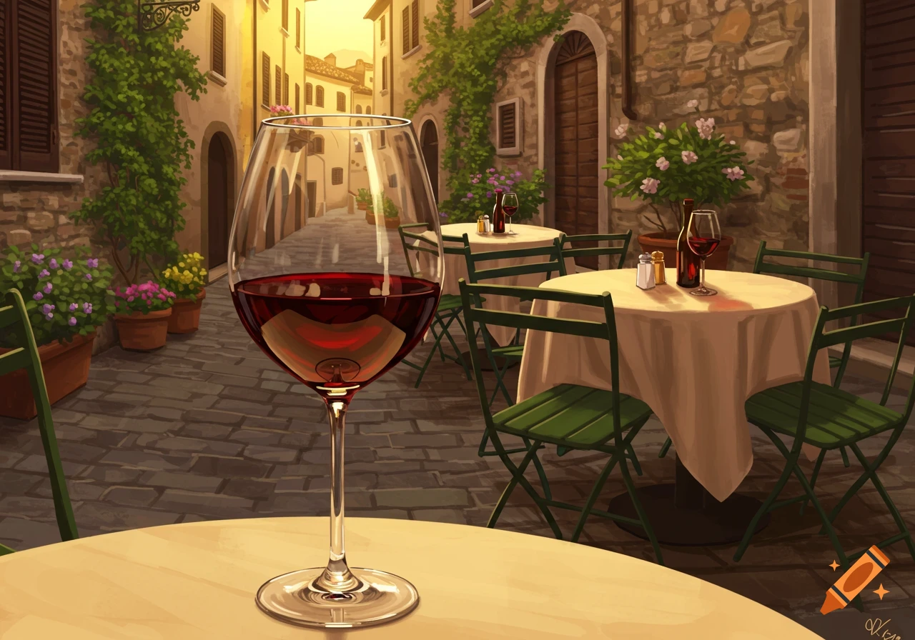A full glass of red wine on a table in a charming Italian cafe courtyard, rendered in an illustrative style.