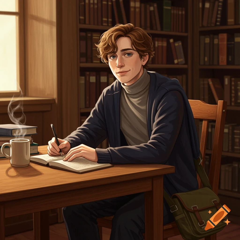 A young person with curly hair writes in a book at a wooden desk in a sunlit library, with a steaming mug and books nearby.