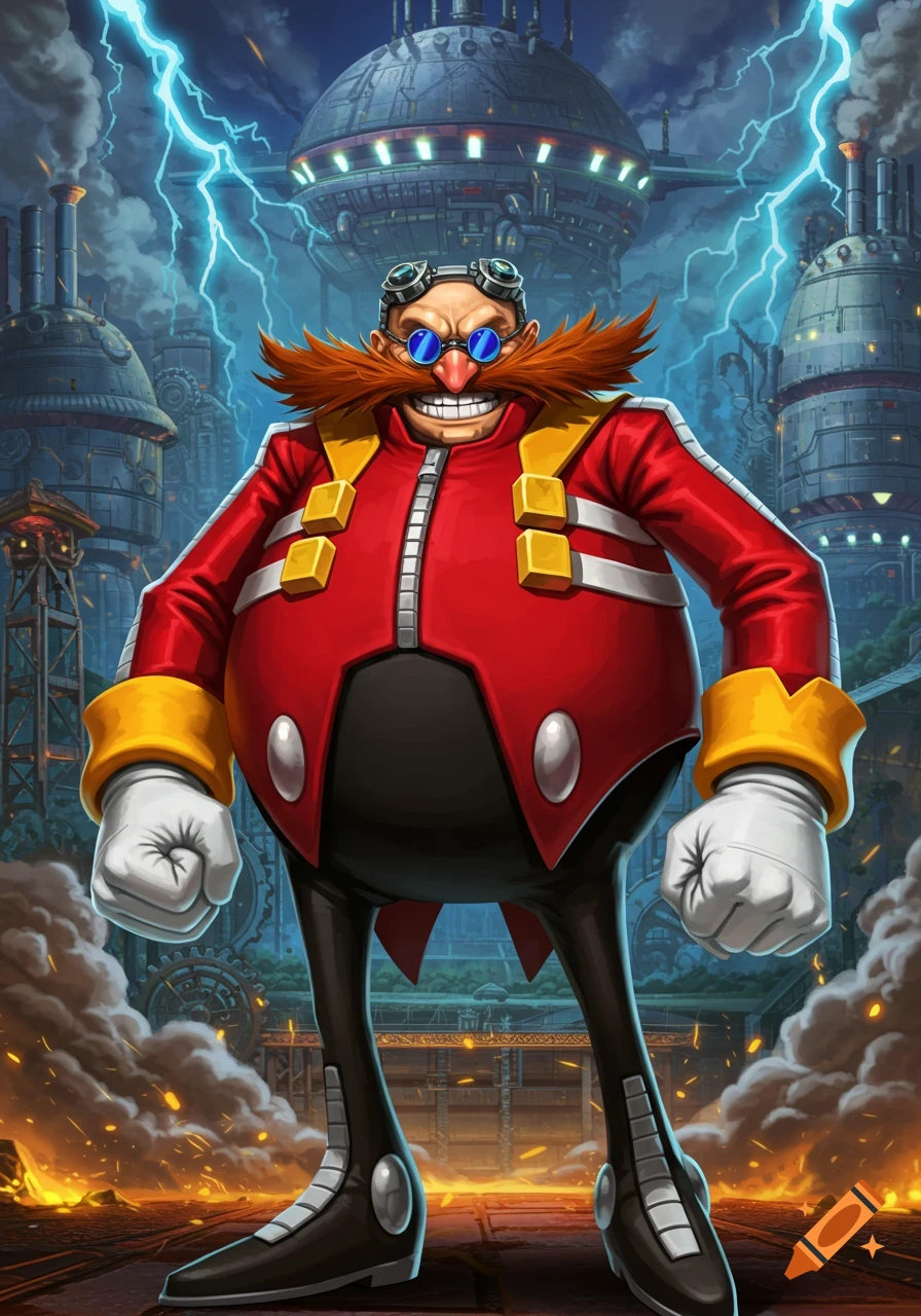 A full-body illustration of Dr. Eggman standing in an industrial, futuristic base with lightning in the sky.