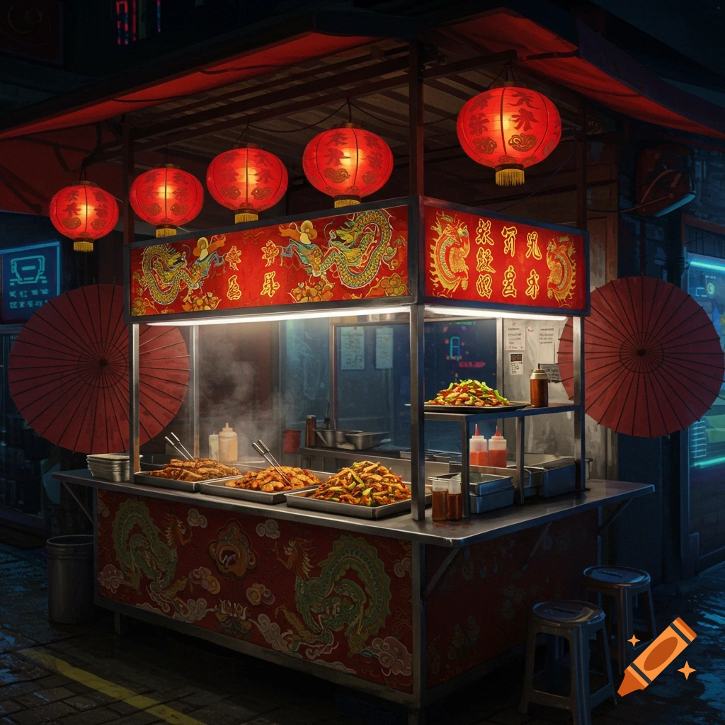 A vibrant Chinese-themed street food stall at night, adorned with red lanterns and golden dragon motifs. Steaming food trays are visible.