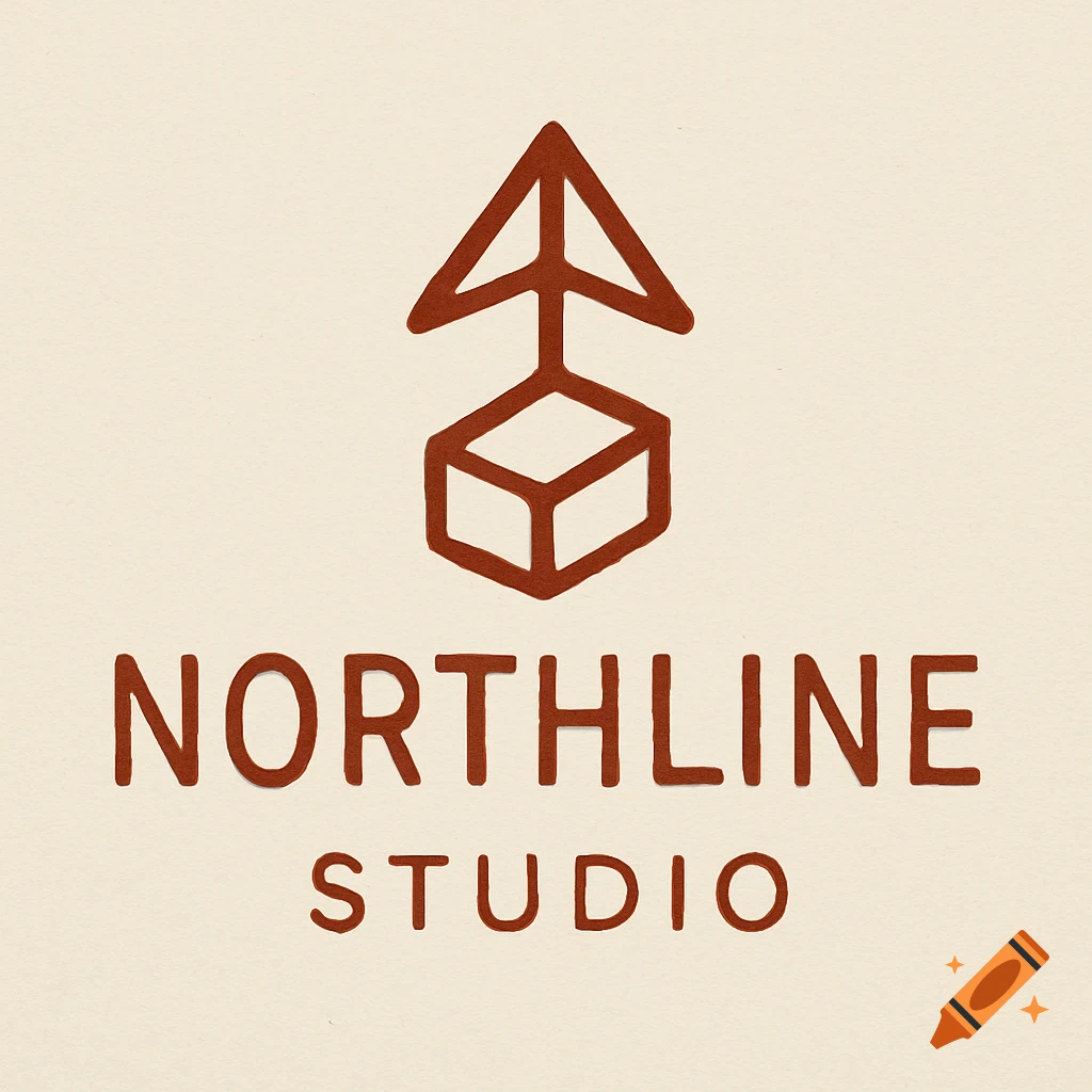 Minimalist logo for NorthLine Studio with a brown arrow and box symbol on a light background.