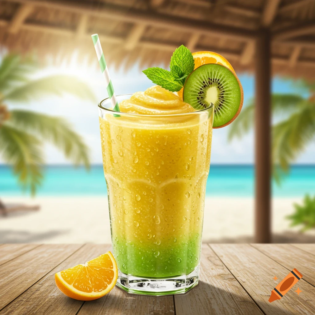 Refreshing yellow and green smoothie with orange and kiwi slices on a wooden table at a tropical beach.