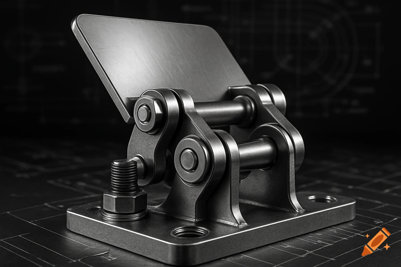 Photorealistic close-up of a dark metal gravity hinged flap mechanism on a blurred blueprint background.