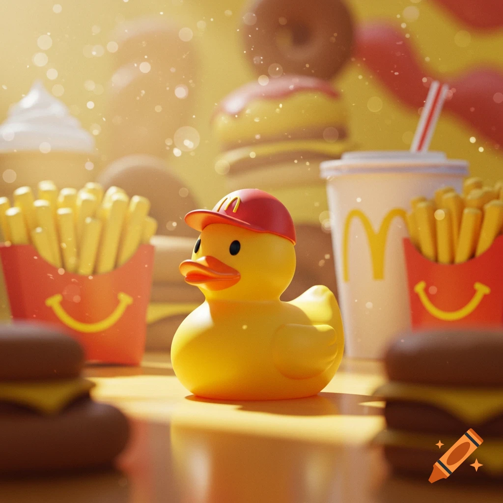 A yellow rubber duck wearing a red McDonald's hat surrounded by McDonald's fries, soda, burgers, and donuts on a yellow surface with sparkling light.