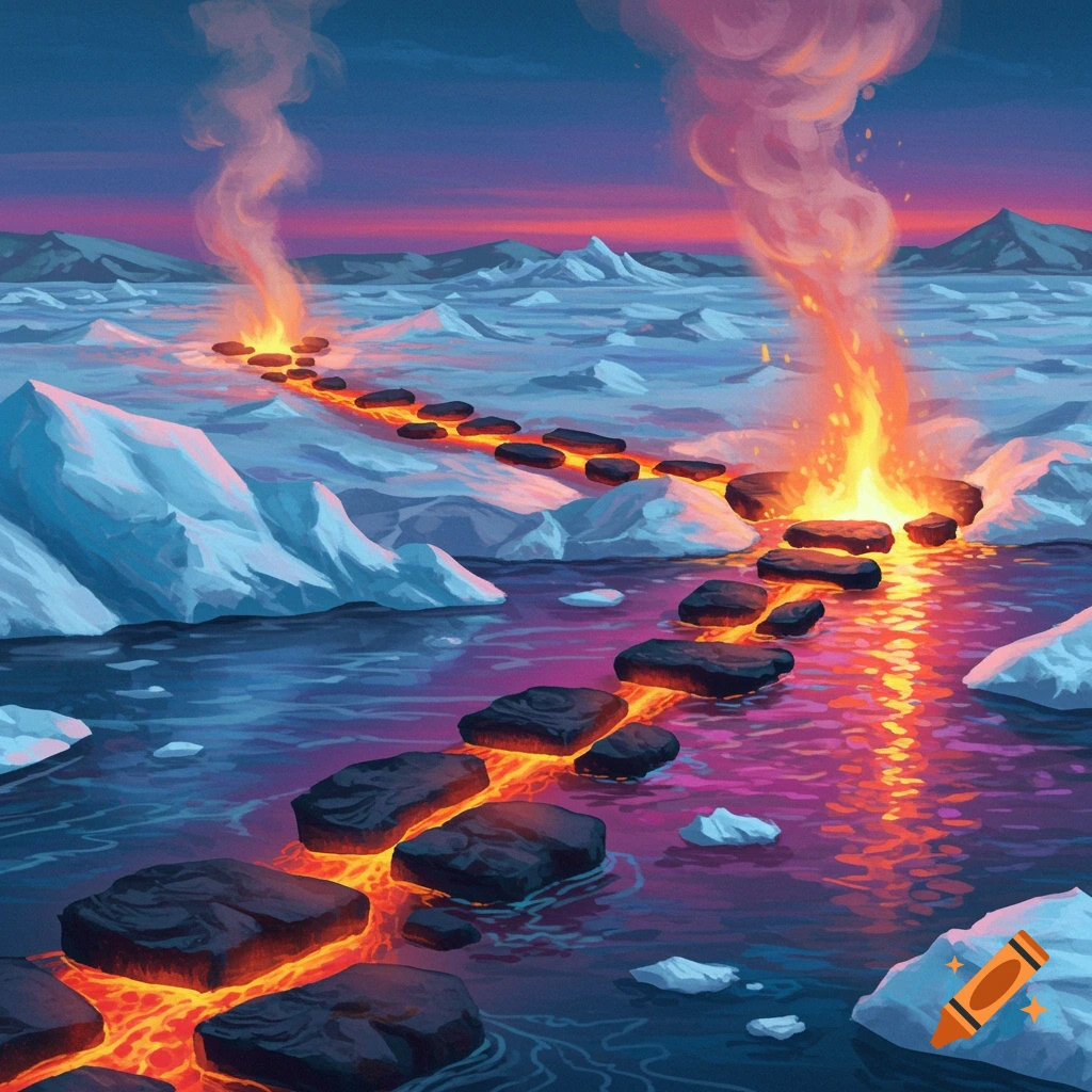 Illustrative landscape of lava stepping stones crossing neon water amidst melting ice and mountains at dusk.