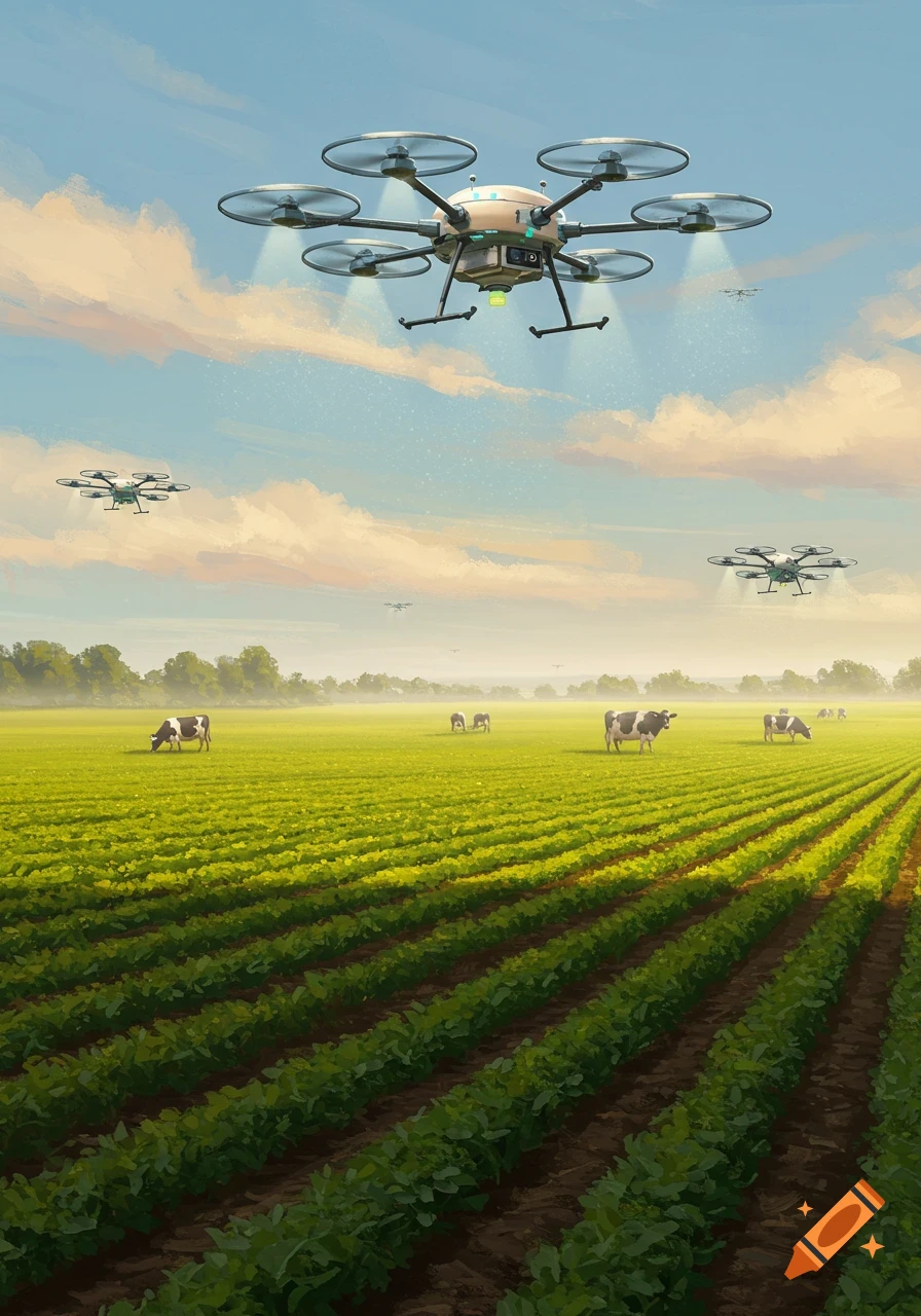 Multiple drones fly over a lush green field where cows graze under a partly cloudy sky, depicting futuristic agriculture.