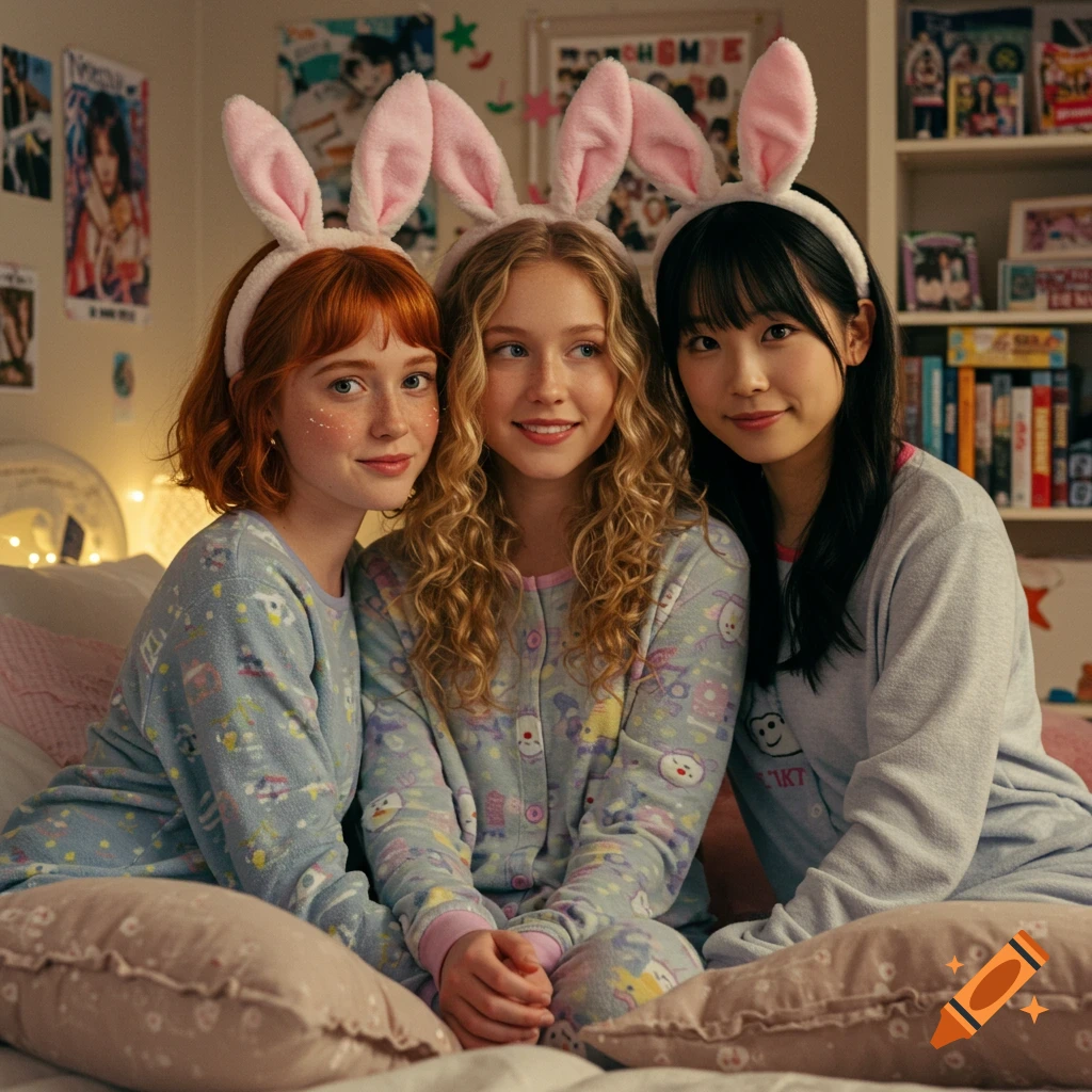 Three teen girls in pajamas and bunny ears sit huddled on a bed in a cozy bedroom. The girl on the left has red hair, the middle girl has blonde curly hair, and the right girl has black hair.