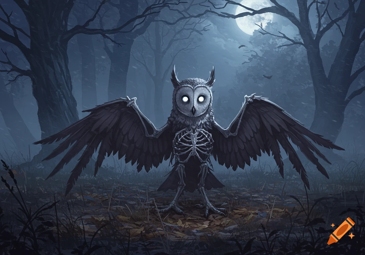A skeletal great horned owl with glowing eyes stands in a dark, moonlit forest, its wings spread wide in an eerie, gothic fantasy style.