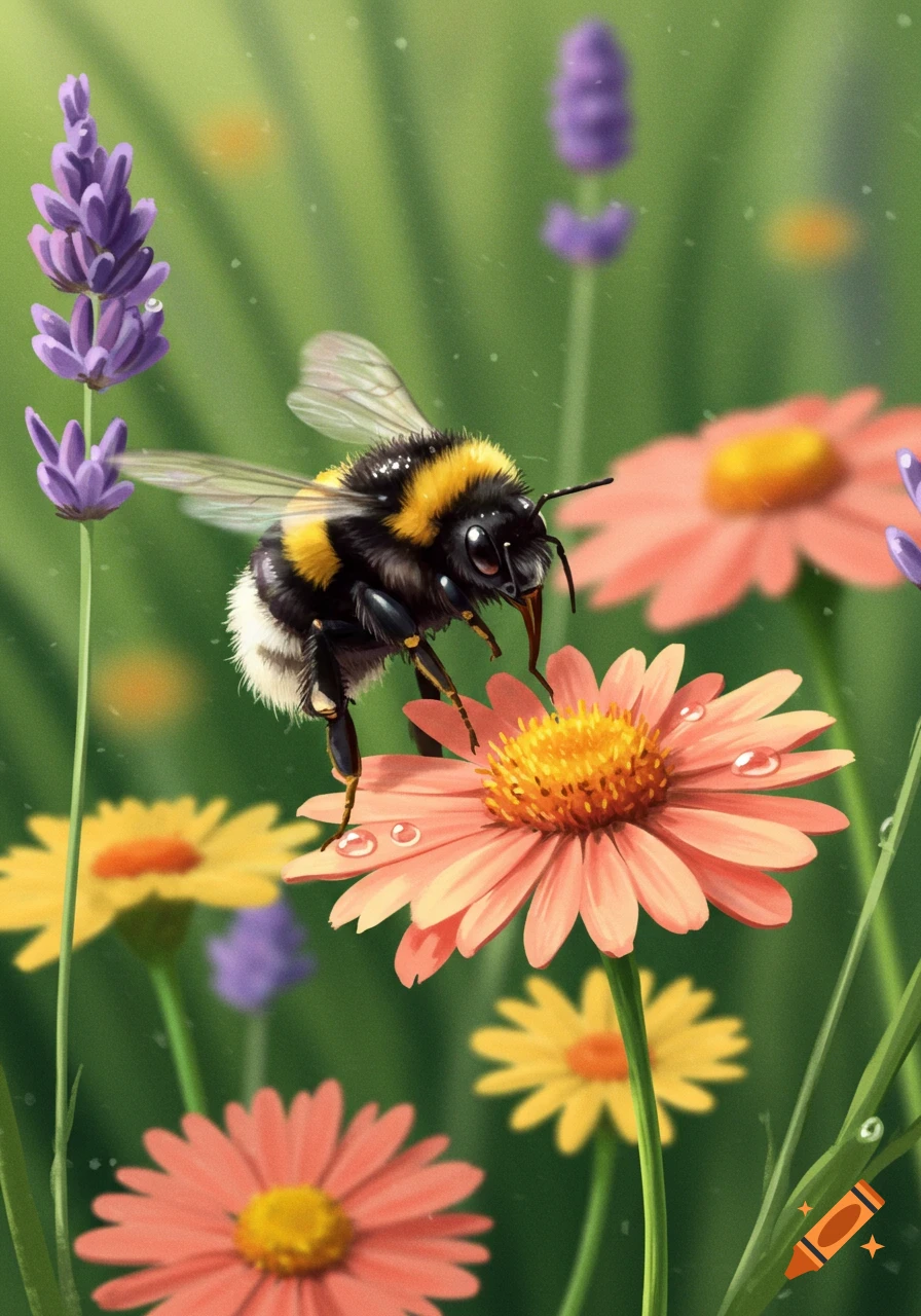 Vibrant illustration of a bumblebee on a pink daisy, with lavender and other flowers in a soft-lit garden.