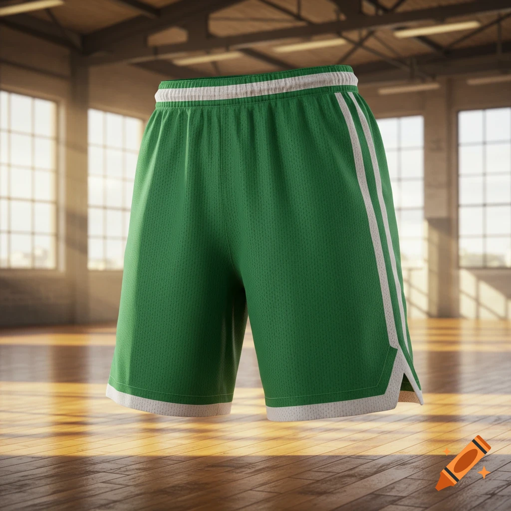 Green and white basketball shorts on a wooden court floor with sunlight streaming through windows.