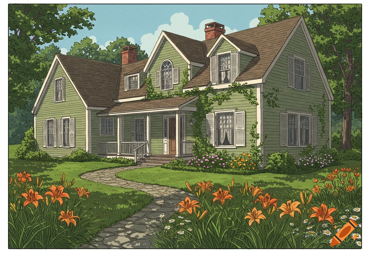 An illustrated green house with a brown roof and white shutters, surrounded by a lush green lawn, a winding stone path, and vibrant orange and pink flowers.
