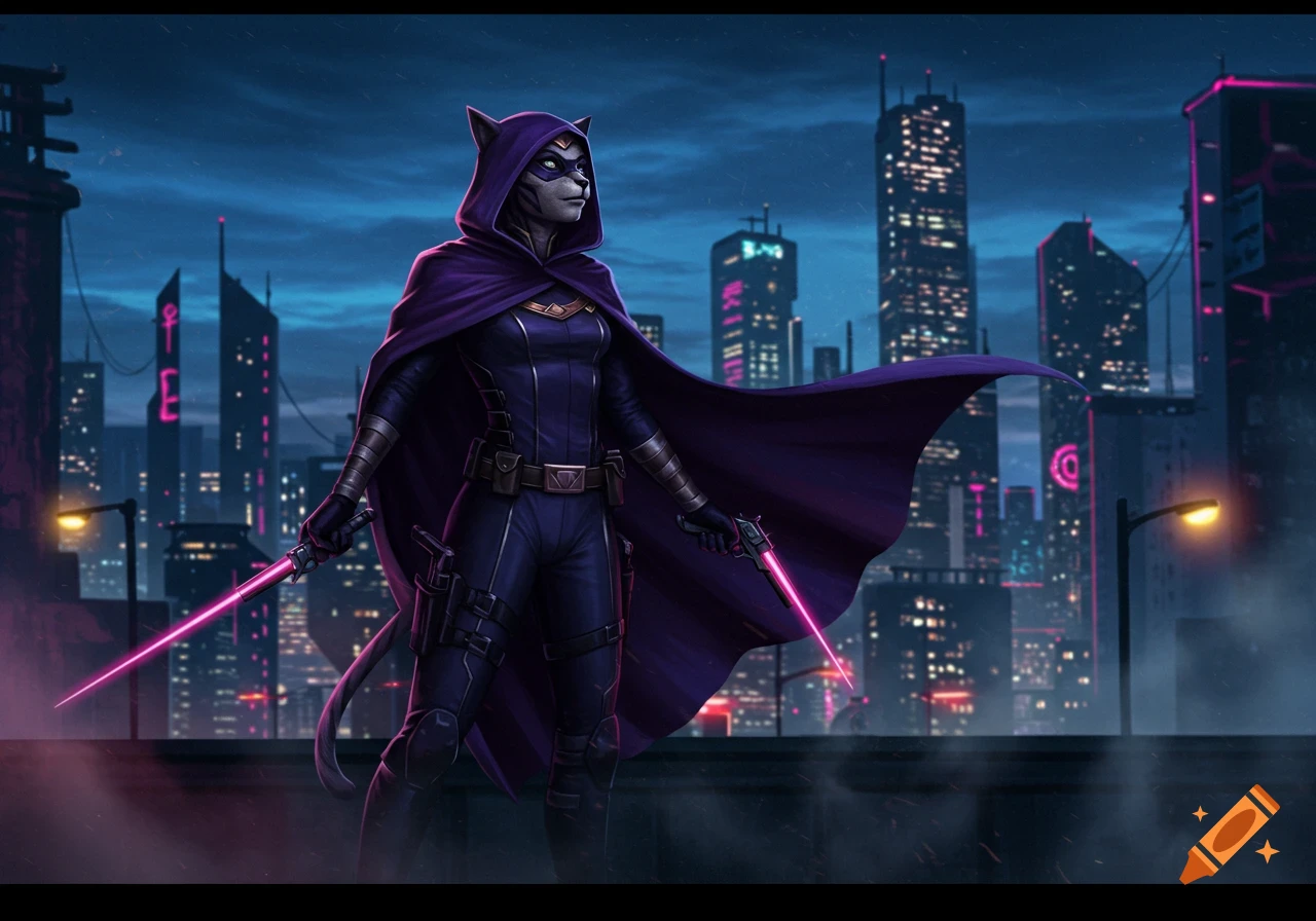 A grey anthropomorphic cat-like superhero in a purple suit and cape, holding two glowing pink swords, stands on a rooftop overlooking a neon-lit city at night.