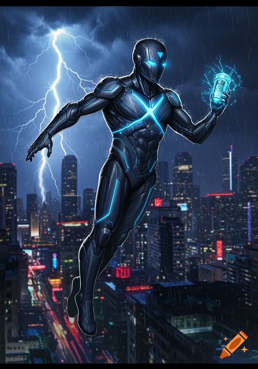 A black and blue armored superhero floats over a rainy city at night, with lightning in the sky and a glowing blue device in hand.