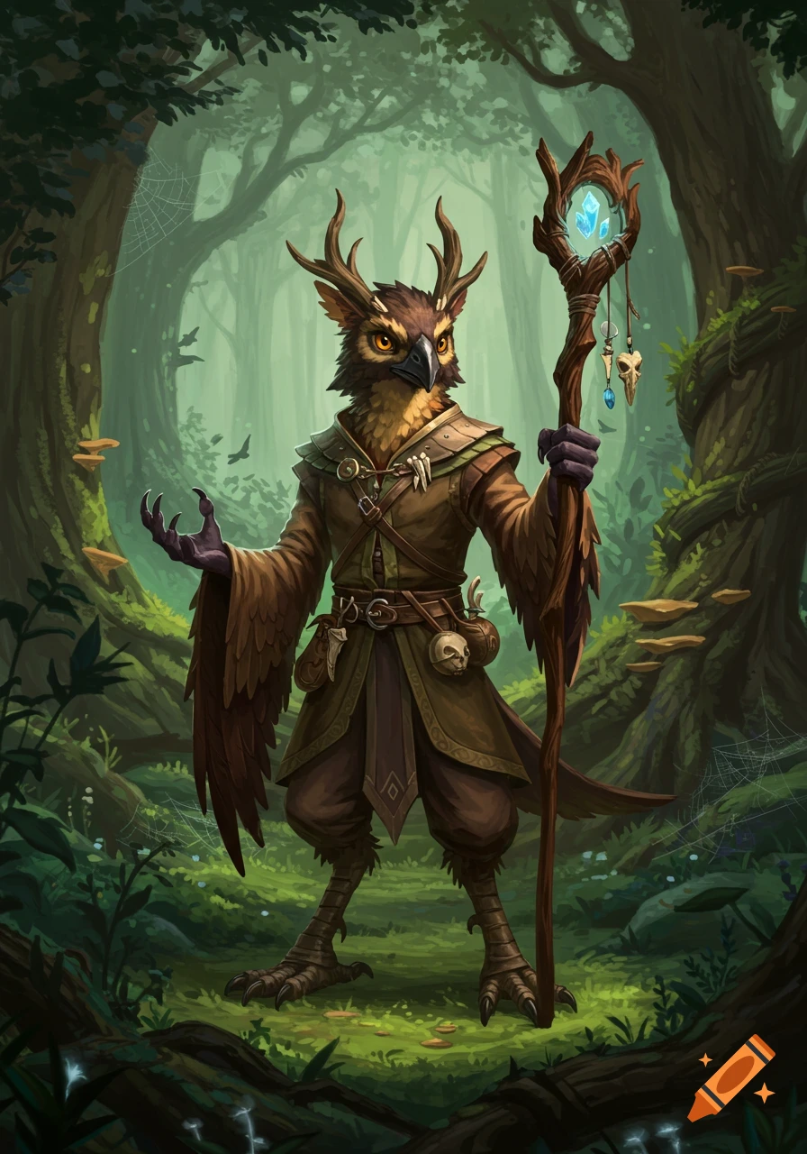 An anthropomorphic owl-like druid with antlers and robes holds a glowing crystal staff in a magical forest.