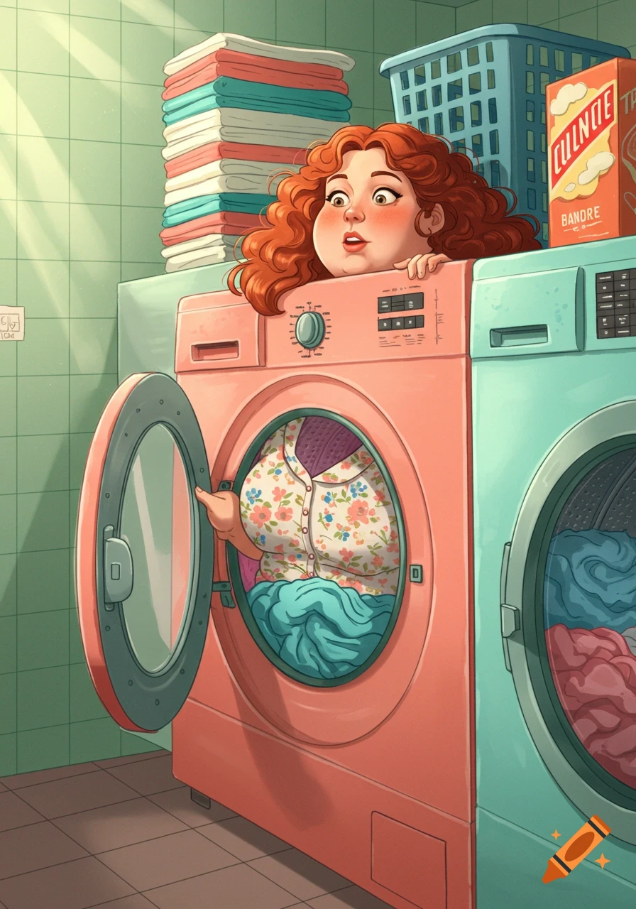 A cartoon illustration of a plump, curly-haired woman with a surprised expression, stuck inside the open door of a pink washing machine in a laundry room.