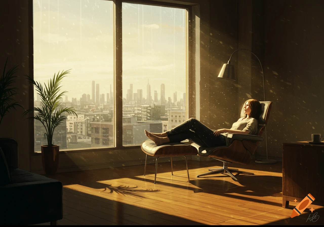 Woman relaxes in a chair by a window, bathed in sunlight, overlooking a city skyline.