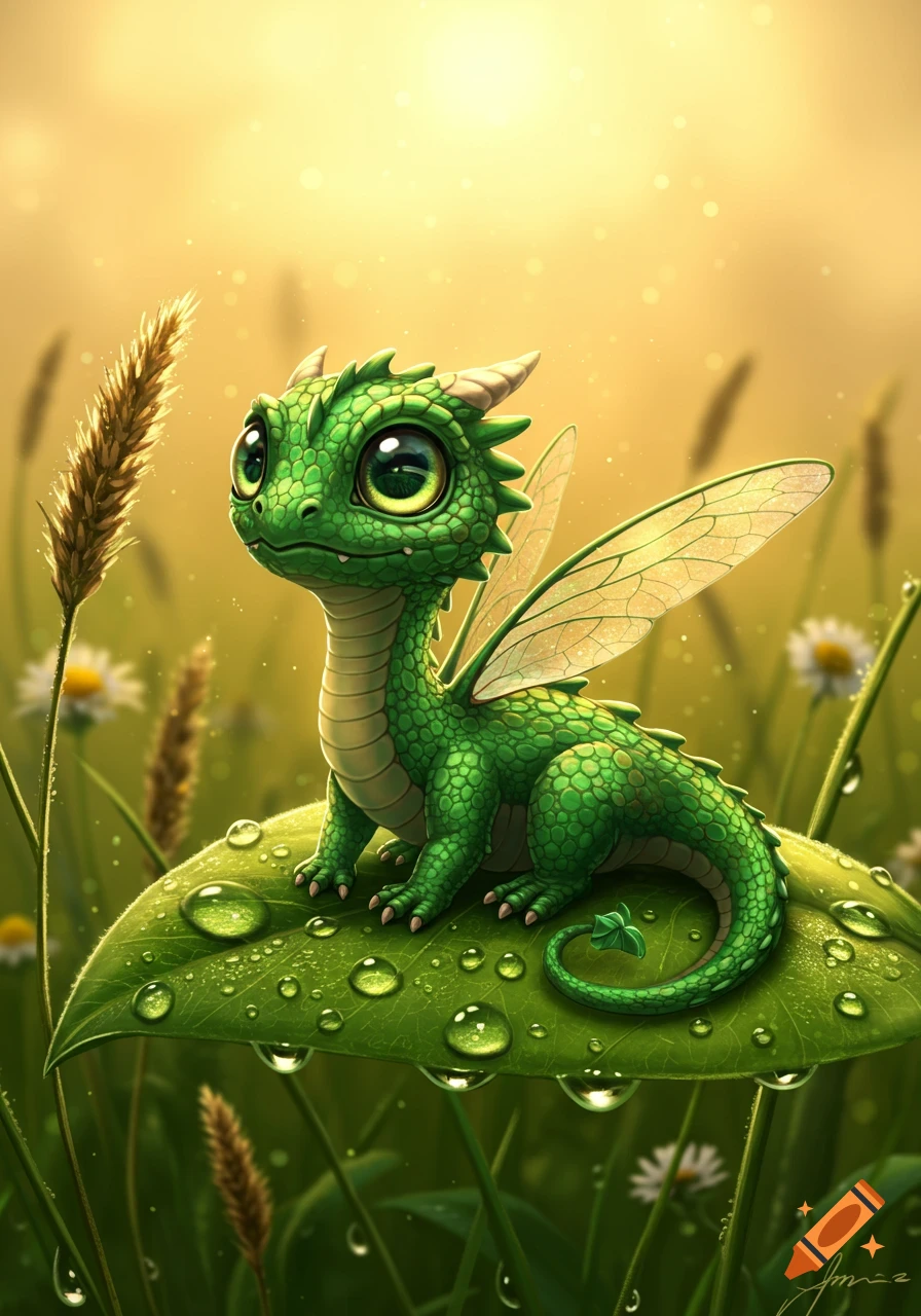 A cute green baby dragon with large eyes and small wings sits on a dewy green leaf in a sunny field.